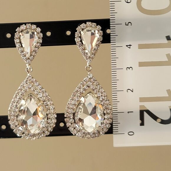 Silver Tone Earrings Crystal Double Tear Drop Earrings #0019 - Picture 5 of 8